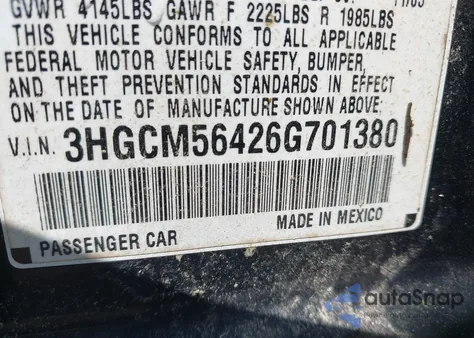 2006 Honda Accord Lx из США, поврежденный, VIN 3HGCM56426G701380